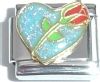 Light blue sparkly heart with red rose 9mm Italian charm
